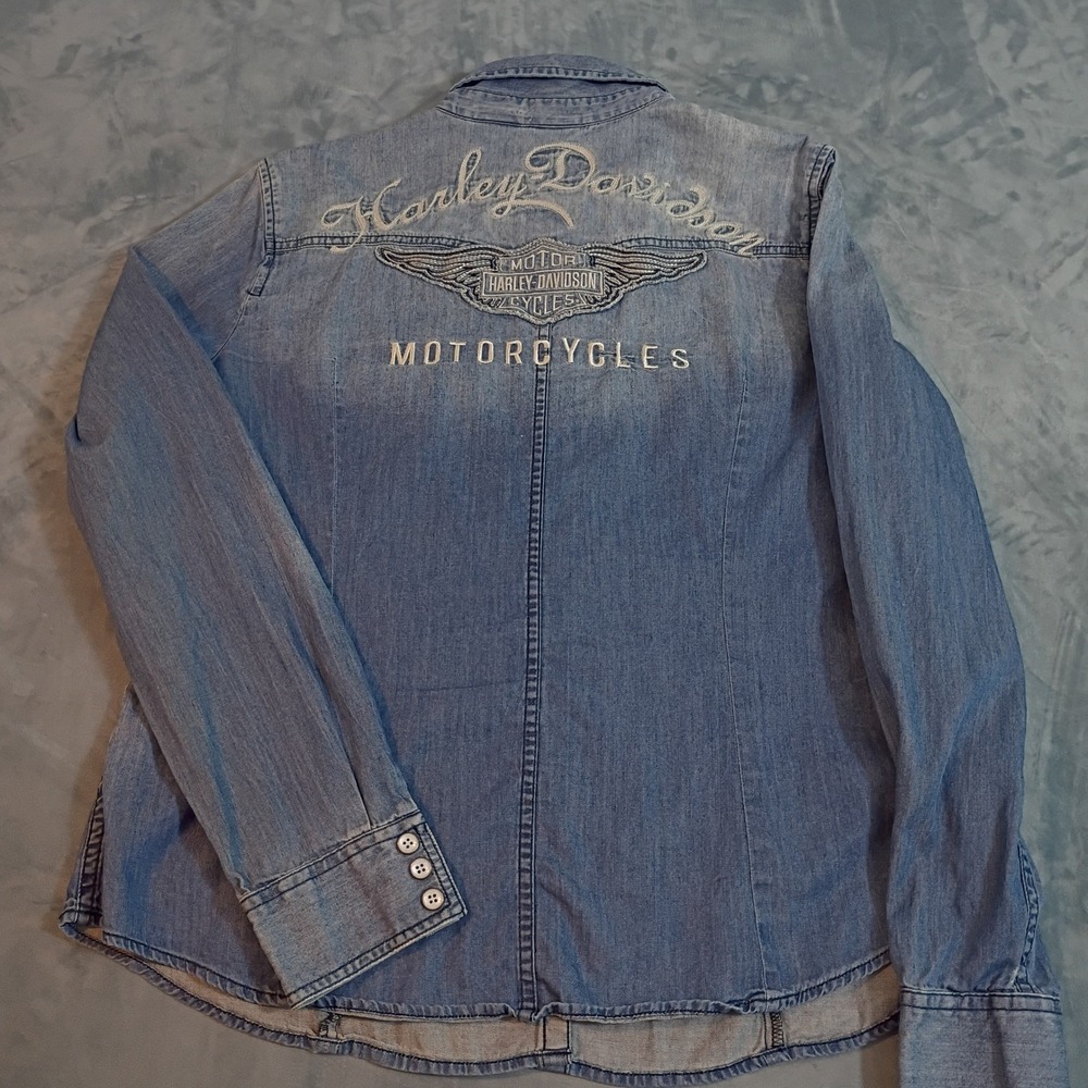 Harley-Davidson Womens Blue Denim Embroidered Logo Snap Button Down Shirt Large